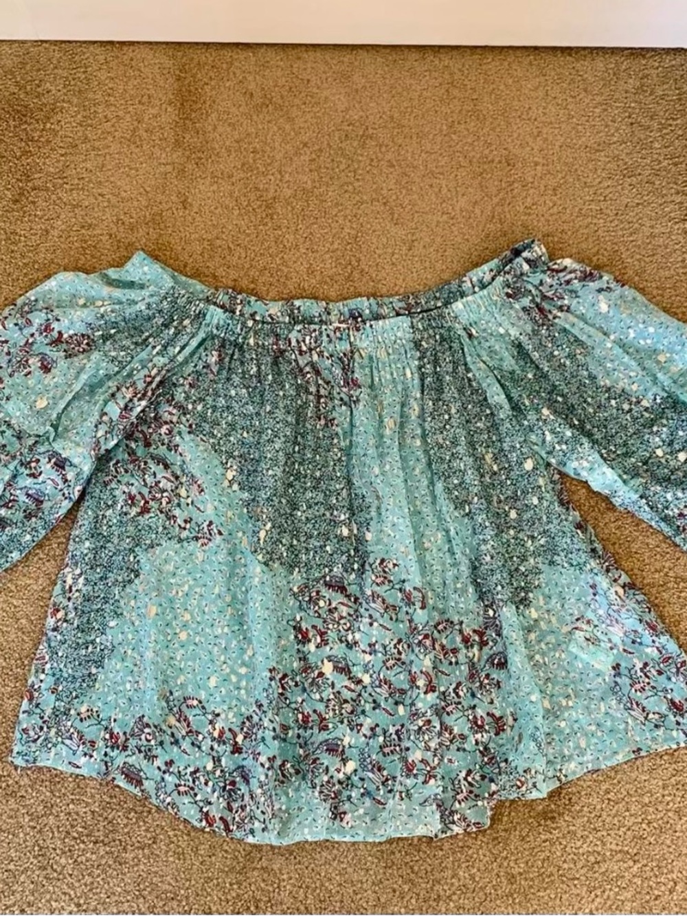 ba&sh Aqua Floral Off-Shoulder Blouse